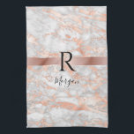 Linge De Cuisine Nom noir/Monogramme Parties scintillant en marbre<br><div class="desc">Personnalisez le nom du script noir et le grand monogramme noir sur bande or rose sur marbre or blanc et rose avec parties scintillant. Version 2.</div>