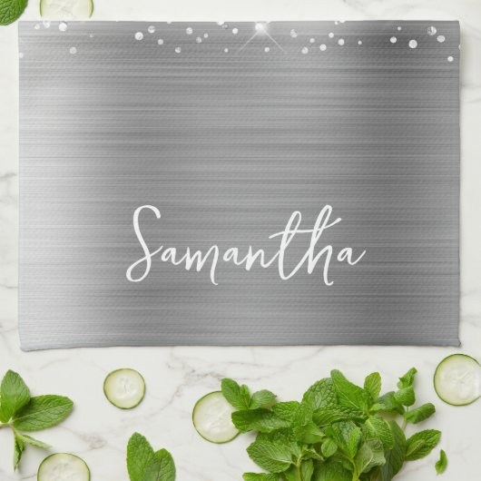 Linge De Cuisine Nom Pailleté Argent Glamour (Plié)