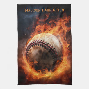 Linge De Cuisine Nom personnalisé Baseball en feu