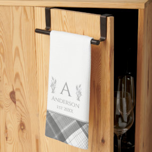 Linge De Cuisine Nom personnalisé Gris et blanc Plaid Monogramme