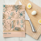 Linge De Cuisine Nom personnalisé motif floral doré (Quart Plié)