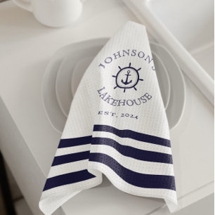 Linge De Cuisine Nom personnalisé nautique blanc
