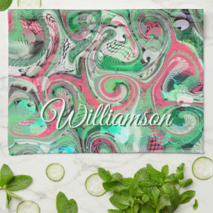 Linge De Cuisine Nom personnalisé Tourbillon Vert Rouge Abstrait Fa