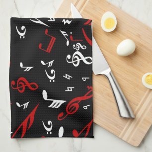 Linge De Cuisine Notes musicales blanches et noires rouges