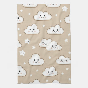 Linge De Cuisine Nuages et Étoiles Souriants Kawaii sur Fond Beige