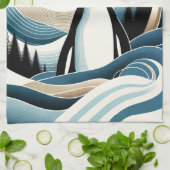 Linge De Cuisine Nuit D'Hiver En Crème Bleue Forêt De Pingouins (Plié)