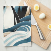 Linge De Cuisine Nuit D'Hiver En Crème Bleue Forêt De Pingouins (Quart Plié)