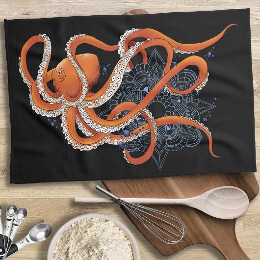 Linge De Cuisine Octopus Orange Mandala bleu