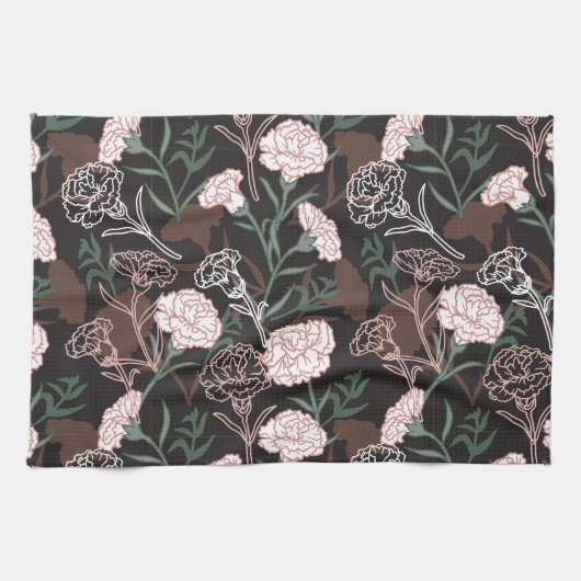Linge De Cuisine Œillets roses délicats avec fleurs de feuilles ver (Horizontal)