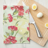 Linge De Cuisine Oeillets rouges sur le vert avec des papillons (Quart Plié)
