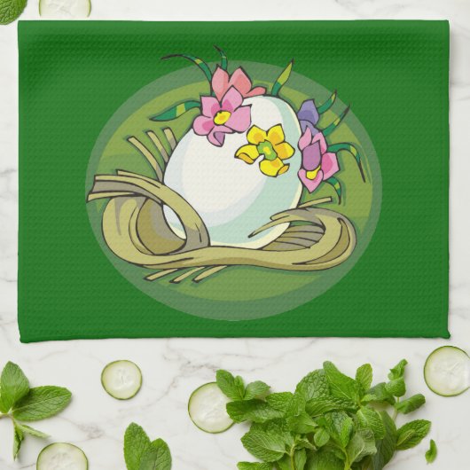 Linge De Cuisine Oeufs de Pâques avec fleurs de printemps vert (Plié)