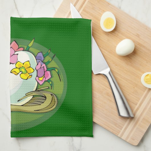 Linge De Cuisine Oeufs de Pâques avec fleurs de printemps vert (Quart Plié)