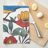 Linge De Cuisine Oiseau bleu et art folklorique Fleur sauvage (Quart Plié)