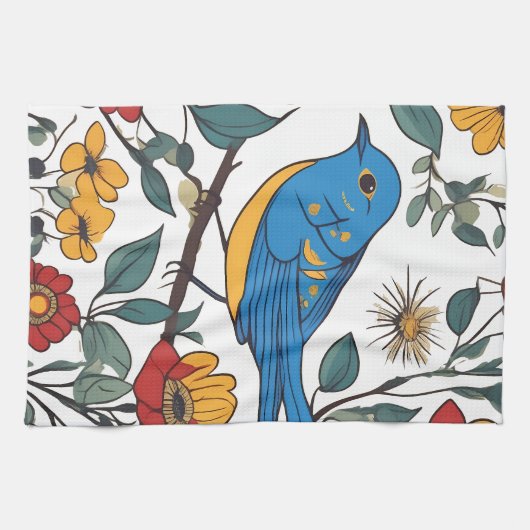 Linge De Cuisine Oiseau bleu et art folklorique Fleur sauvage (Horizontal)
