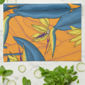 Linge De Cuisine Oiseau de fleurs paradisiaques sur orange (Plié)