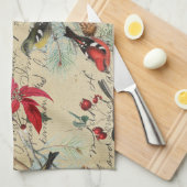 Linge De Cuisine Oiseau de vacances de Noël et poinsettia rouge (Quart Plié)