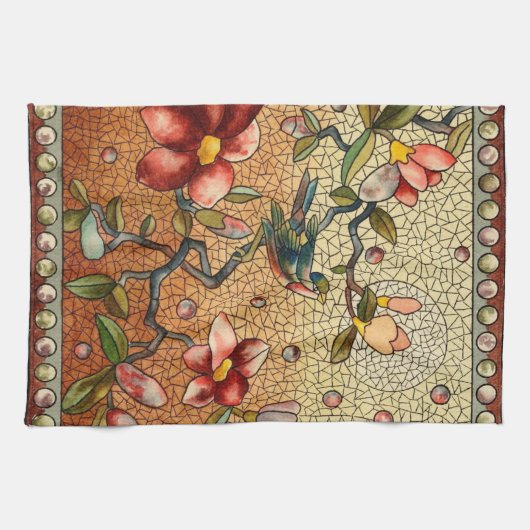 Linge De Cuisine Oiseau en verre tendu sur un arbre à fleurs (Horizontal)