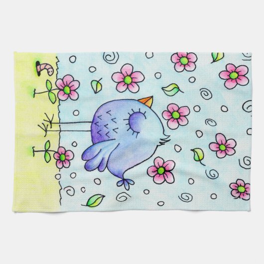 Linge De Cuisine Oiseau Et Fleurs Bleus Whimsical (Horizontal)