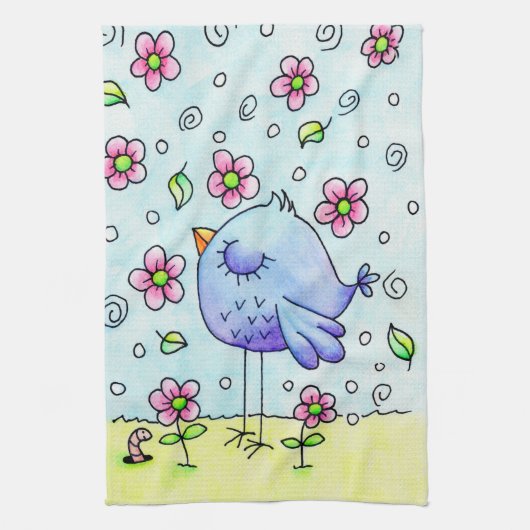 Linge De Cuisine Oiseau Et Fleurs Bleus Whimsical (Vertical)