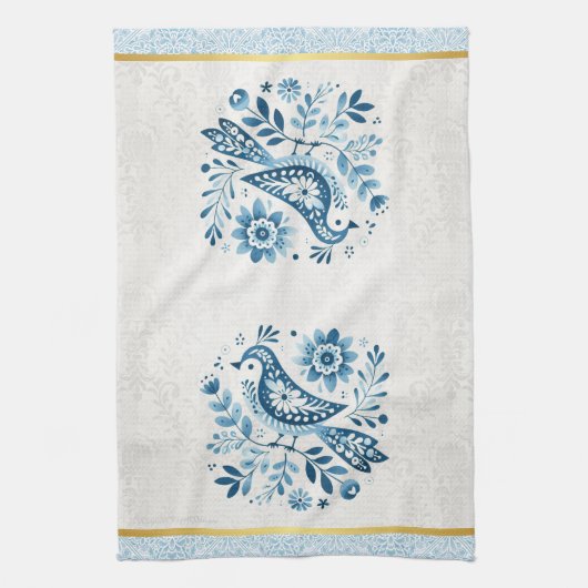 Linge De Cuisine Oiseau folk scandinave bleu (Vertical)