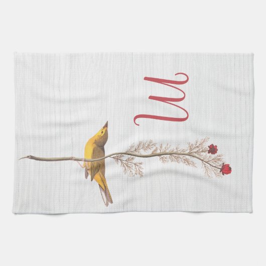 Linge De Cuisine Oiseau jaune d'Audubon sur fleur avec monogramme (Horizontal)