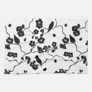 Linge De Cuisine Oiseaux à motif noir et blanc sur fleurs de cerisi