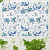 Linge De Cuisine Oiseaux bleus et harmonie florale motif sans coutu (Plié)