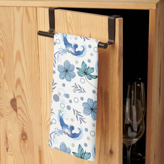 Linge De Cuisine Oiseaux bleus et harmonie florale motif sans coutu (Pliage en tiers)