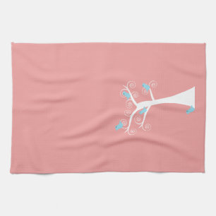Linge De Cuisine Oiseaux bleus Fond rose Arbre fantaisiste