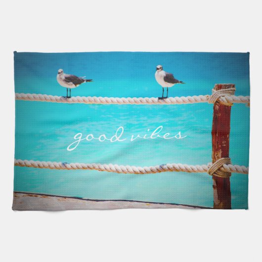 Linge De Cuisine Oiseaux de mer Turquoise Océan Photo Good Vibes (Horizontal)