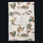 Linge De Cuisine Oiseaux de neige vintages et voeux de Noël<br><div class="desc">Motif de vacances nostalgique et sans couture adapté des cartes de voeux victoriennes classiques avec un collage d'oiseaux vintages doux de neige avec des salutations de Noël rustiques sur arrière - plan neutre en détresse.</div>