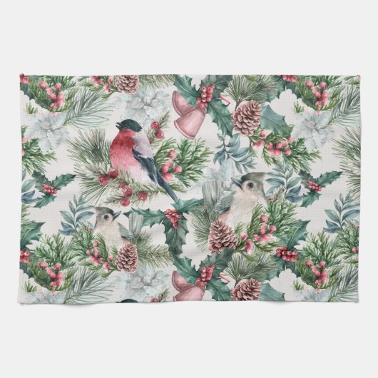 Linge De Cuisine Oiseaux de Noël et pins floraux (Horizontal)