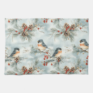 Linge De Cuisine Oiseaux d'hiver Motif avec Pinecones et neige
