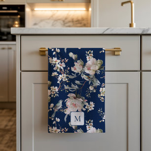 Linge De Cuisine Oiseaux en fleurs bleu marine Monogrammé aquarelle