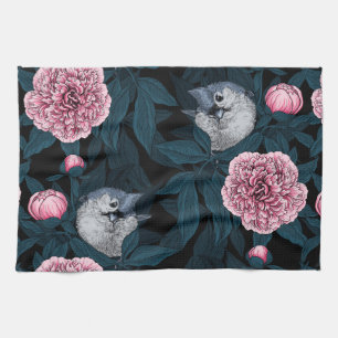 Linge De Cuisine Oiseaux et fleurs de pivoines roses avec feuille