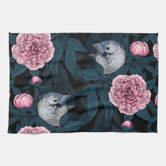 Linge De Cuisine Oiseaux et fleurs de pivoines roses avec feuille (Horizontal)
