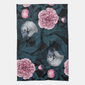 Linge De Cuisine Oiseaux et fleurs de pivoines roses avec feuille (Vertical)