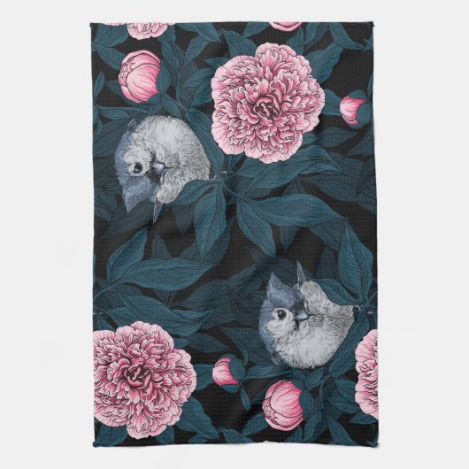 Linge De Cuisine Oiseaux et fleurs de pivoines roses avec feuille (Vertical)