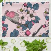 Linge De Cuisine Oiseaux et fleurs roses (Plié)