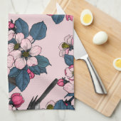 Linge De Cuisine Oiseaux et fleurs roses (Quart Plié)