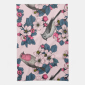 Linge De Cuisine Oiseaux et fleurs roses (Vertical)