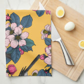 Linge De Cuisine Oiseaux et fleurs sur le jaune (Quart Plié)