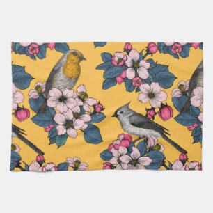 Linge De Cuisine Oiseaux et fleurs sur le jaune