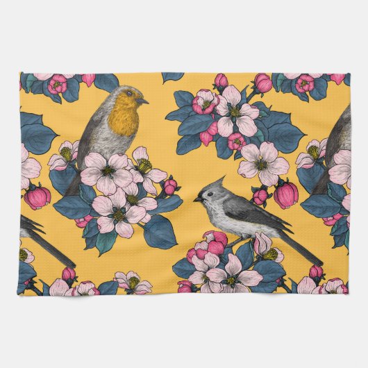 Linge De Cuisine Oiseaux et fleurs sur le jaune (Horizontal)