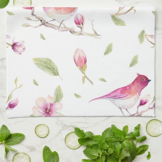 Linge De Cuisine Oiseaux Et Magnolia (Plié)