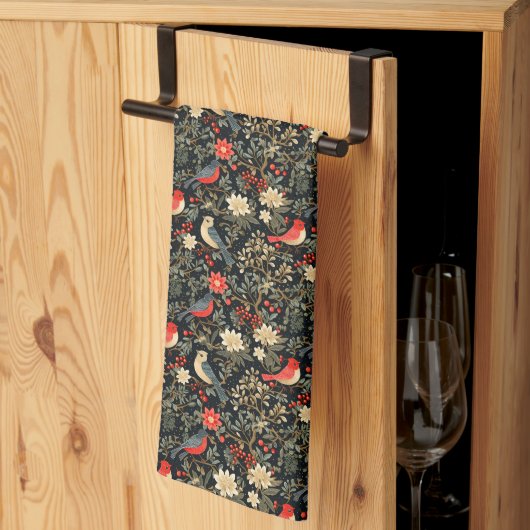 Linge De Cuisine Oiseaux Festifs Élégants & Fleurs de Noël Rouge (Pliage en tiers)