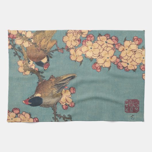 Linge De Cuisine Oiseaux Fleurs Hokusai Art Japonais (Horizontal)