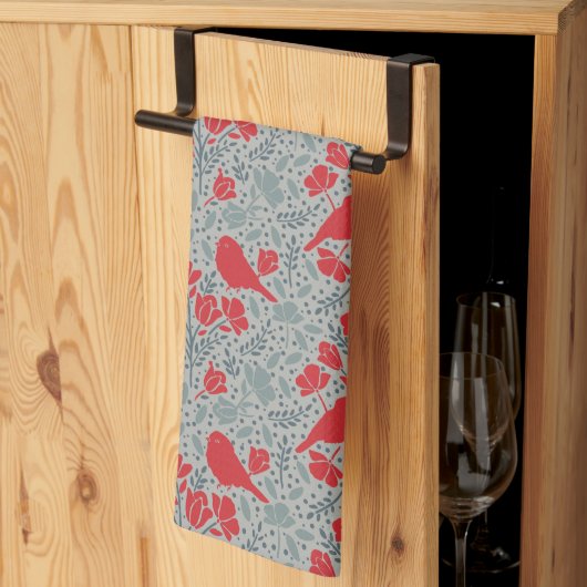 Linge De Cuisine Oiseaux floraux bleus et rouges (Pliage en tiers)