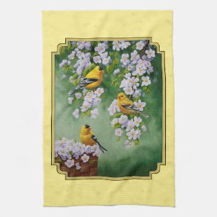 Linge De Cuisine Oiseaux Goldfinch et fleurs de pomme Jaune