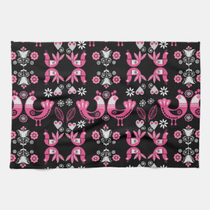 Linge De Cuisine Oiseaux roses et blancs du folklore scandinave